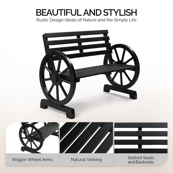 Rustic 2-Person Wooden Wagon Wheel Bench with Slatted Seat and Backrest, Black