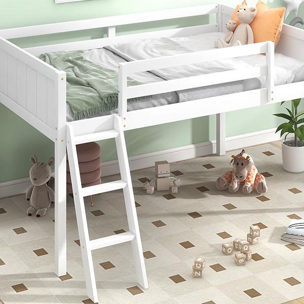 Twin Size Wood Low Loft Bed with Ladder, ladder can be placed on the left or right, White