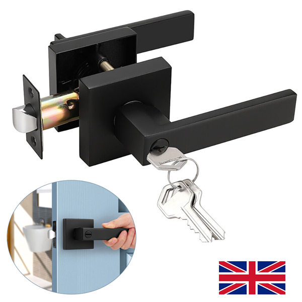 Black Bathroom Internal Door Handles and Latch Lock - Square Door Lever Set UK