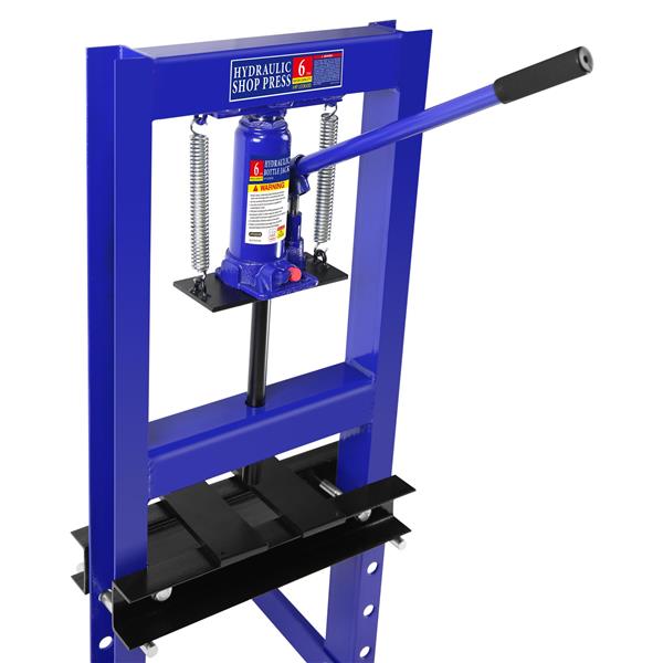 Steel H-Frame Hydraulic Shop Press with Stamping Plates to Bend, Straighten, or Press Parts, Install Bearings and U-Joints, 6 Ton Capacity, Blue