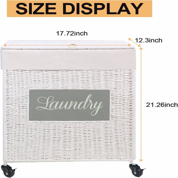 Laundry Hamper with Lid Laundry Basket with Handles Liner Bag Paper Woven Hampers for Laundry Clothes Storage Basket for Bedroom Bathroom (White)