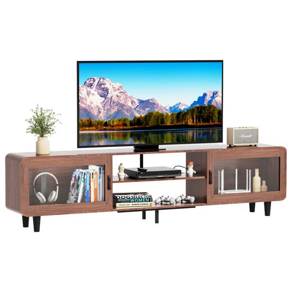 TV Stand for 55/60/65/70", Wood Entertainment Center with Power Outlets, Media Console with Sliding Doors and Open Shelf for Living Room, Walnut[Unable to ship on weekends, please note that]