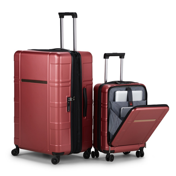 Luggage Expandable Suitcase 2 Piece Set Carry On ABS+PC Spinner Trolley with pocket Compartment Weekend Bag ， Wine Red Color