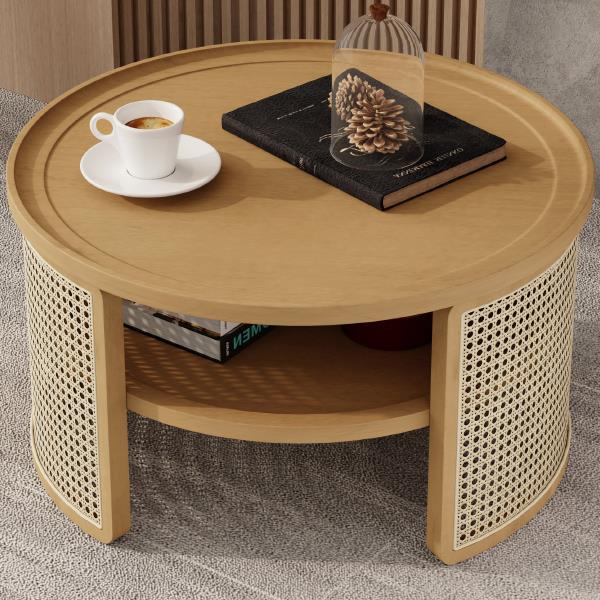 2-Tiered Round Natural Wood Coffee Table with Storage Rattan Base in 31.3''