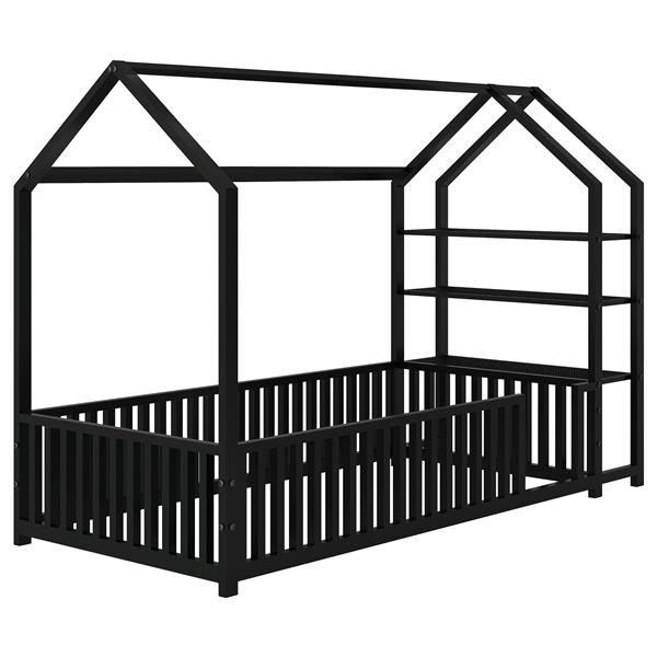 Twin Size Metal House Bed with Fence and Detachable Storage Shelves, Black