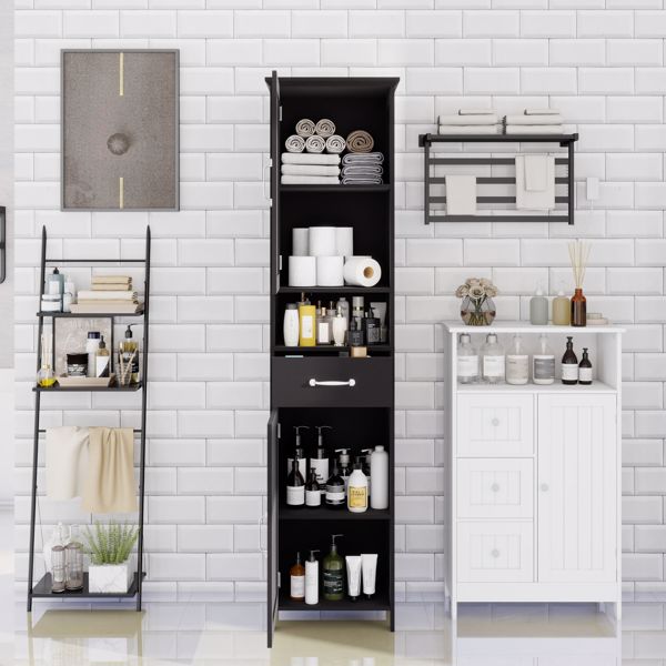 Double Door Narrow Height Slim Floor Standing Cabinet with 2 Adjustable Shelves-Black 