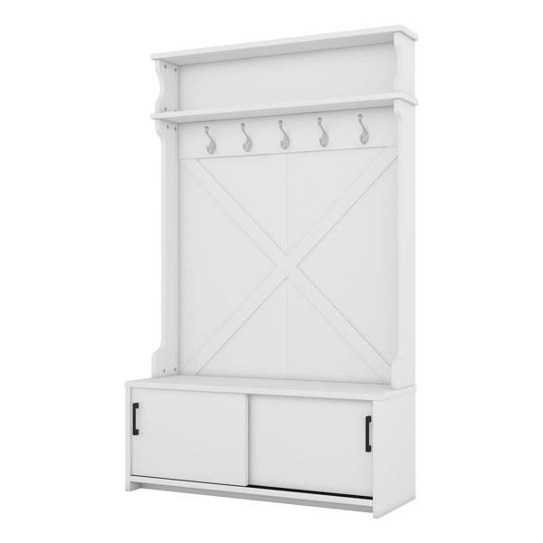 Hall Tree with Storage Bench, Entryway Bench with Drawer and 5 Hooks, Coat Rack with Display Shelf for Hallway Entryways, White