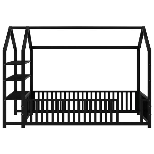 Twin Size Metal House Bed with Fence and Detachable Storage Shelves, Black