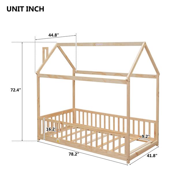 Twin House Bed with Guardrails, Slats ,Natural