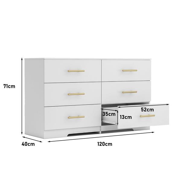 White color Large 6 drawers chest of drawer dressers table with golden handle