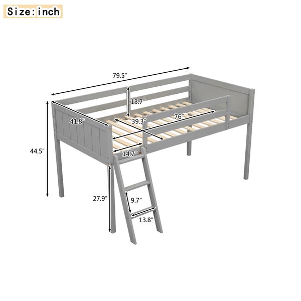 Twin Size Wood Low Loft Bed with Ladder, ladder can be placed on the left or right, Gray