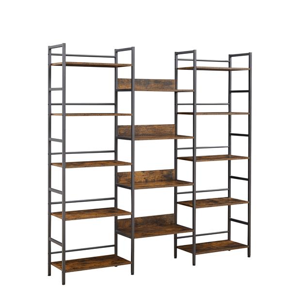 Triple Wide 5-shelf Bookshelves Industrial Retro Wooden Style Home and Office Large Open Bookshelves, Rustic Brown，69.3’’W x 11.8’’D x 70.1’’H