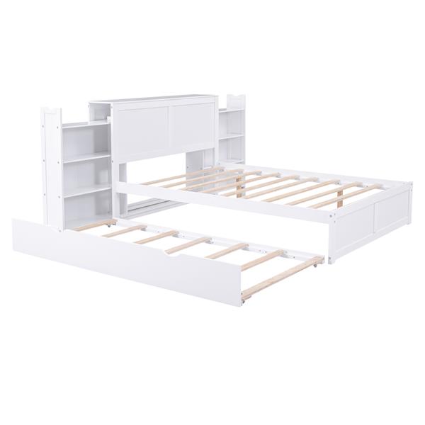 Full Size Storage Platform Bed with Pull Out Shelves and Twin Size Trundle, White