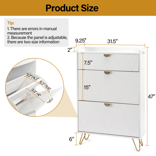 FCH V-shaped carved door panel 2 drawers with top flip drawer shoe cabinet particle board 80*24*120cm white cabinet + gold accessories