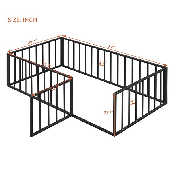 Twin Size Metal Floor Bed Frame with Fence and Door, Black