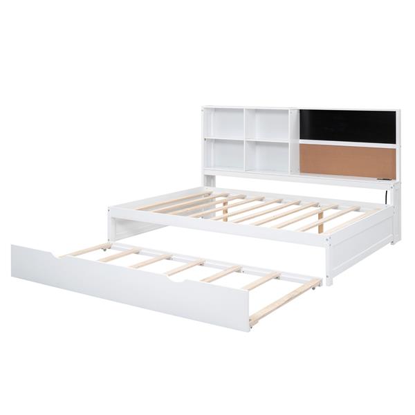 Full Size Daybed with Storage Shelves, Blackboard, Cork board, USB Ports and Twin Size Trundle, White