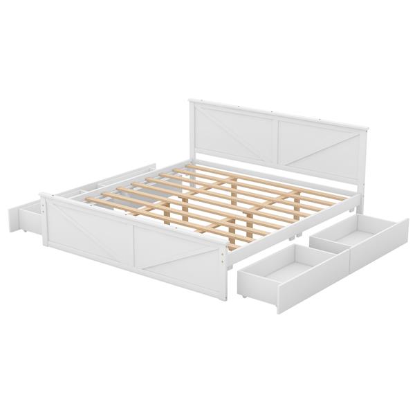 King Size Wooden Platform Bed with Four Storage Drawers and Support Legs, White