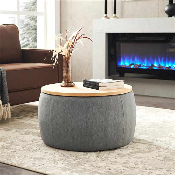 Round Storage Ottoman, 2 in 1 Function, Work as End table and Ottoman, Dark Grey (25.5"x25.5"x14.5")