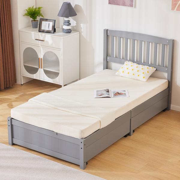 Four Large Drawers Pinewood Bed with a Curved Vertical Headboard Featuring Twin Gray