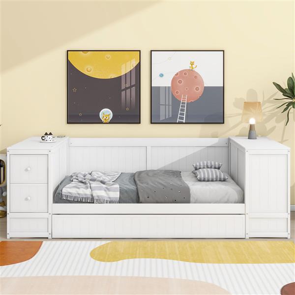 Twin Size Daybed with Storage Arms, Trundle and Charging Station, White