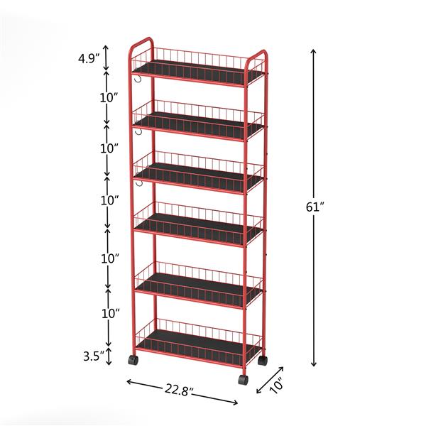 Red 6 Tier Slim Rolling Storage Cart, Mobile Shelving Unit with Wheels, Metal Wire Storage Shelving Rack with Baskets for Kitchen Bathroom Office Laundry Narrow Piaces