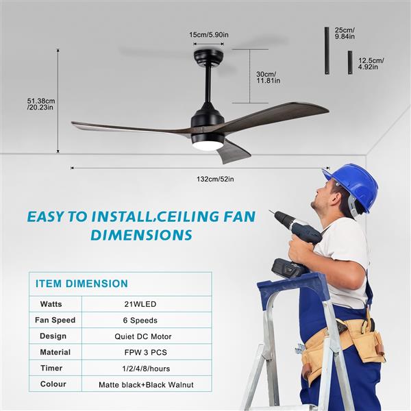 52" Ceiling Fan with Lights Remote Control,Quiet DC Motor 3 Blade Ceiling Fans 6 Speed Levels,Reversible Ceiling Fan, for Patio Living Room, Bedroom, Office,Indoor.(Matte Black +Black Walnut )