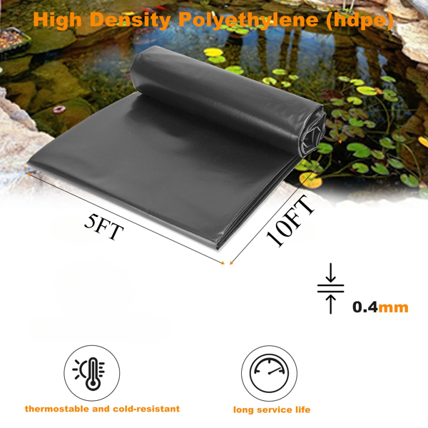 100FT ² usable area, 2 pieces of 5FT * 10FT heavy-duty black HDPE pond lining - UV resistant, suitable for flexible sealing film in fish ponds, water gardens, and waterfalls