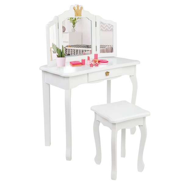 Children's Wooden Dressing Table Three-Sided Folding Mirror Dressing Table Chair Single Drawer White Crown Style