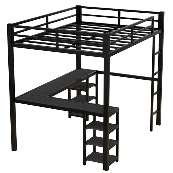 Full Metal Loft Bed with Desk and Shelves, Loft Bed with Ladder and Guardrails, Loft Bed Frame for Bedroom, Black with black desk