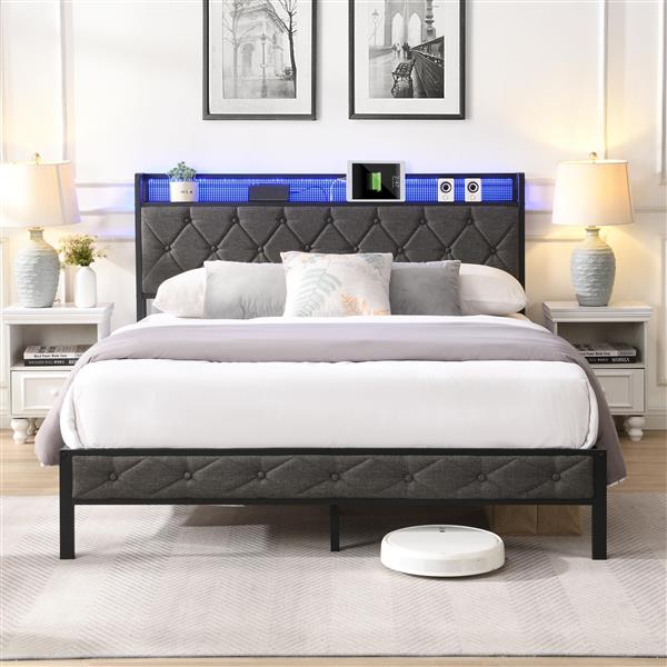 Full Bed Frame with  Storage Headboard, Charging Station and LED Lights, Upholstered Platform Bed with Heavy Metal Slats, No Box Spring Needed, Noise Free, Easy Assembly, Dark Gray