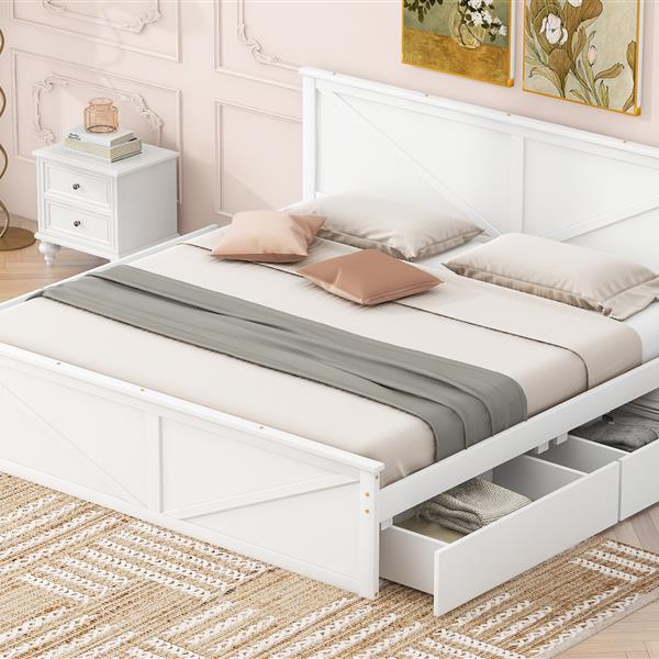 King Size Wooden Platform Bed with Four Storage Drawers and Support Legs, White