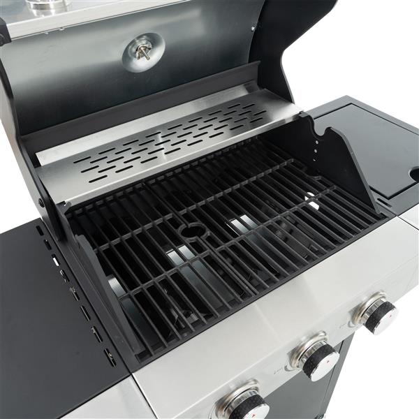 Propane Grill 3 Burner Barbecue Grill Stainless Steel Gas Grill with Side Burner and Thermometer for Outdoor BBQ, Camping