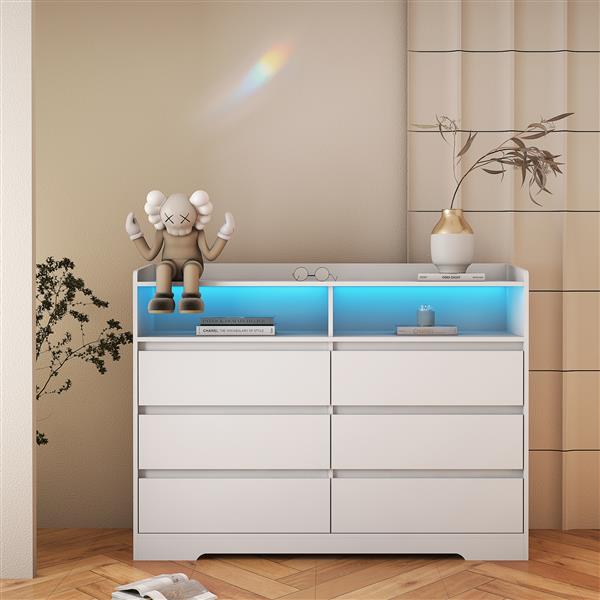 6 Drawer Dresser, White Dresser for Bedroom with LED Lights, Modern Dressers & Chests of Drawers with Sturdy Frame for Living Room, Entryway, Hallway