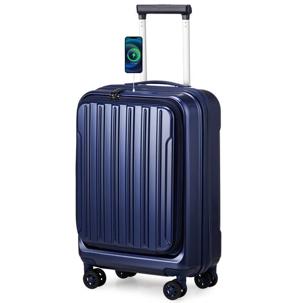 Expandable Carry on Luggage 22 ×14 × 9 Airline Approved with USB Port, ABS+PC 20 Inch  Luggage with Front Compartment, Double Spinner Wheels, TSA Lock, Navy Blue