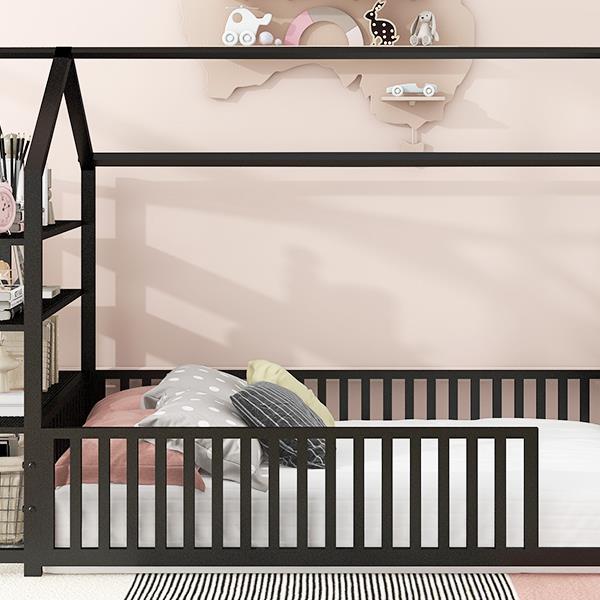 Full Size Metal House Bed with Fence and Detachable Storage Shelves, Black