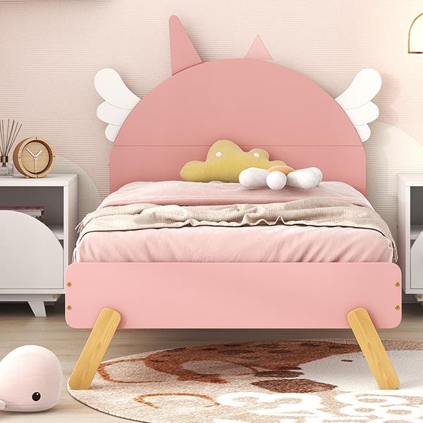 Wooden Cute Bed With Unicorn Shape Headboard,Twin Size Platform Bed,Pink