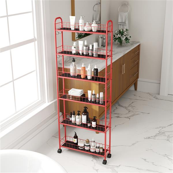 Red 6-Tier Rolling Cart Gap Kitchen Slim Slide Out Storage Tower Rack with Wheels,6 Baskets,Kitchen,Bathroom Laundry Narrow Piaces Utility cart