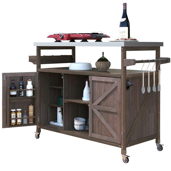  Outdoor Kitchen Island, Rolling Bar Cart & Storage Cabinet, Farmhouse Solid Wood Outdoor Grill Table with Stainless Steel Top, Spice Rack , Towel Rack for Kitchen & Barbecue , Dark Brown