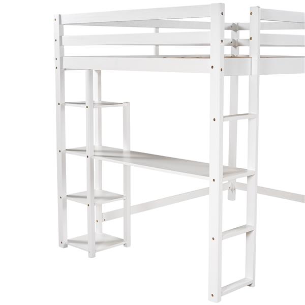 Full Size Loft Bed with Built-in Desk and Shelves,White