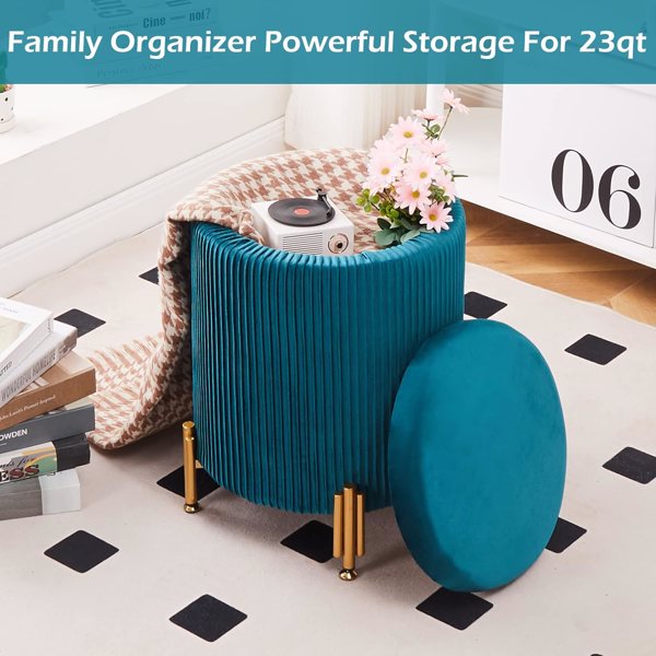 Round Ottoman Foot Stool with 23Qt Storage Velvet Footrest Stool Vanity Stool Chair Support 300lbs Modern Ottoman Coffee Table Padded Seat for Living Room Bedroom Teal