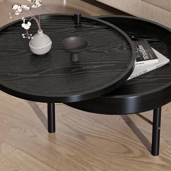 Modern Round Wood Rotating Tray Coffee Table with Storage & Metal Legs in Black