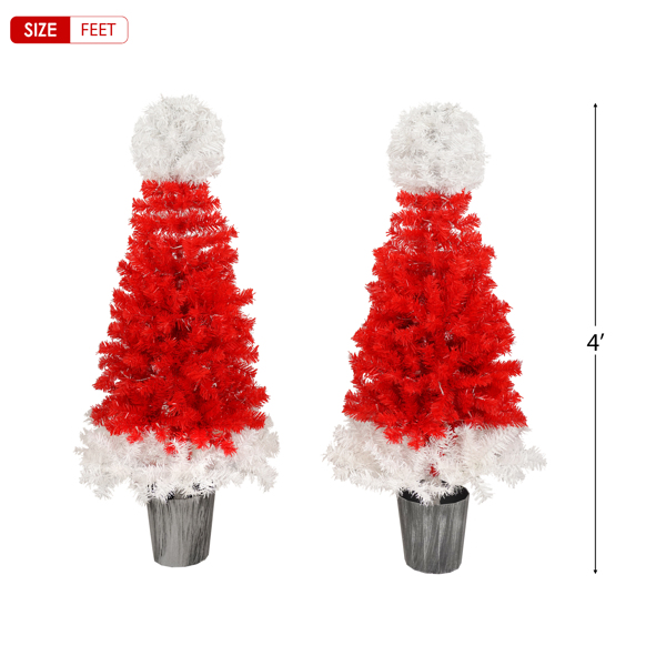 Lighted Santa Hat Style Christmas Tree Set of 2, 4ft Artificial Tree with Warm White Lights, Christmas Tree for Decoration Inside and Outside 