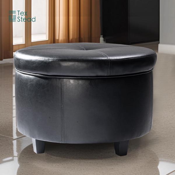 Round Leather Storage Ottoman Footstool with Wood-Based Panel - Hardwood Upholstered Footrest with Lid for Living Room and Bedroom Use