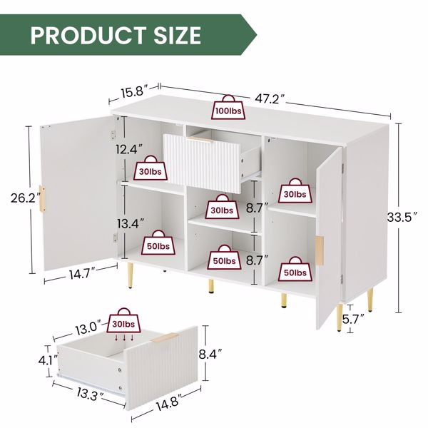 Storage cabinet Wave pattern 2 door With drawers buffets & sideboards for living room, dining room, bedroom , hall, white, 47.2''w x 15.8''d x 33.5''h. 