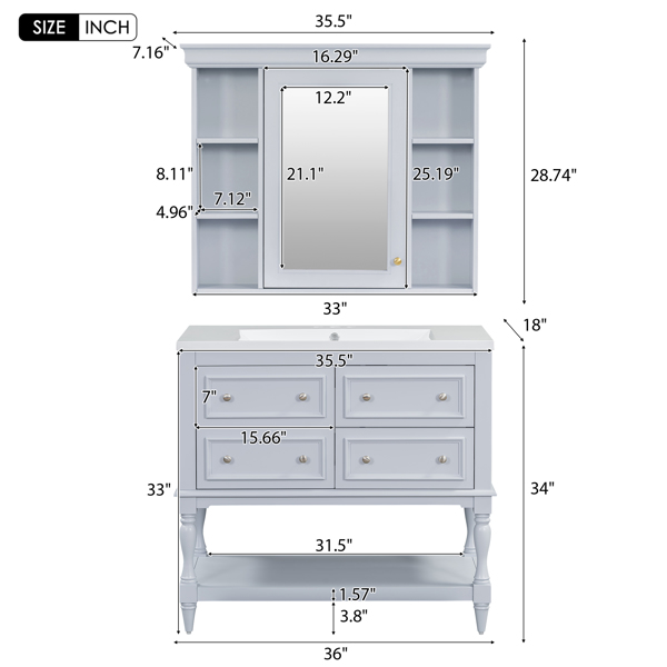 36'' Bathroom Vanity with Medicine Cabinet, Modern Mirror Cabinet with Adjustable Shelf, Bathroom Storage Cabinet with 4 Drawers, Solid Wood Frame Bathroom Storage Cabinet 