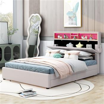 Full Size Upholstered Platform Bed with Storage Headboard, LED, USB Charging and 2 Drawers, Beige