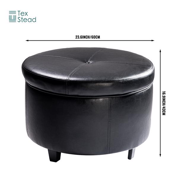 Round Leather Storage Ottoman Footstool with Wood-Based Panel - Hardwood Upholstered Footrest with Lid for Living Room and Bedroom Use