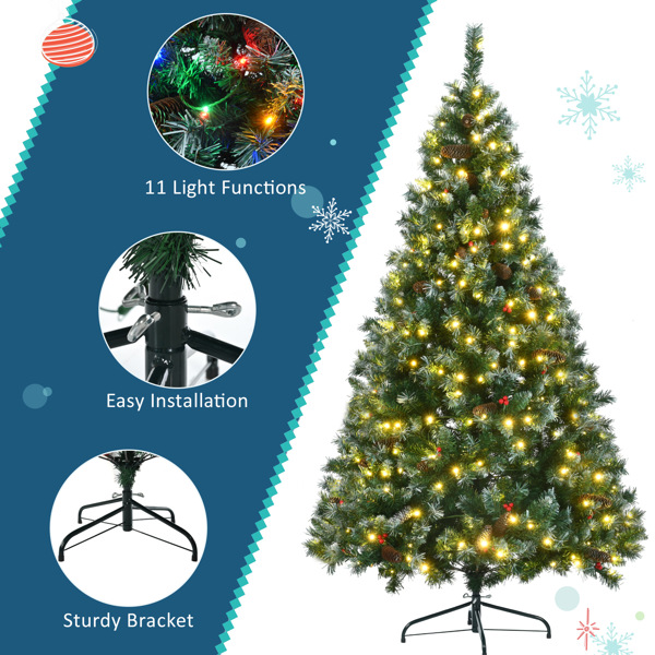 6FT Dark Green Pine Christmas Tree, Pre-Lit Set with Tree & Garland & Wreath, Hinged Artificial Xmas Tree with White Tips, Red Berries and Pine Cones, 11 Colorful Modes, Indoor Holiday Decoration 