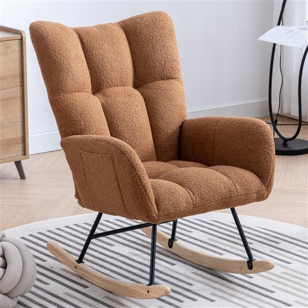 Rocking Chair with Pocket, Soft Teddy Fabric Rocking Chair for Nursery, Comfy Wingback Glider Rocker with Safe Solid Wood Base for Living Room Bedroom Balcony (brown)