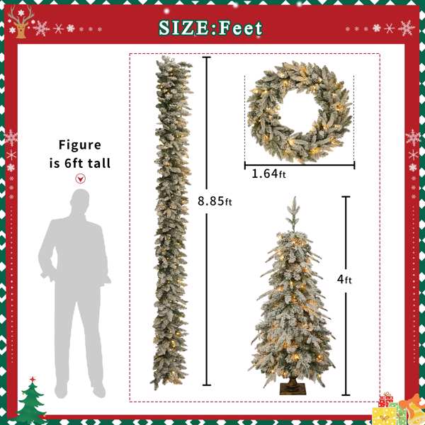 Pre-lit Christmas Artificial Tree 4-Piece Set, Garland, Wreath and Set of 2 Entrance Trees, X-mas with LED Lights, PVC Festival Celebration Set, Green 